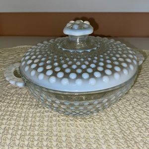 Vintage hobnail moonstone opalescent covered dish by Anchor Hocking